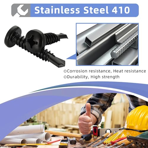 Mellewell #10 x 3/4" Pan Head Self Drilling Screws, Self Tapping Sheet Metal Screws, Black Finish 410 Stainless Steel, 100 PCS - color: Black, size: #10 x 3/4"