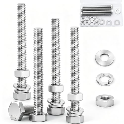 4 Sets 3/8-16 x 4 Stainless Steel Hex Head Screws Bolts, Nuts, Flat & Lock Washers,18-8(304) Full Thread - color: Silver-hex, size: 3/8-16×4"(4 sets)
