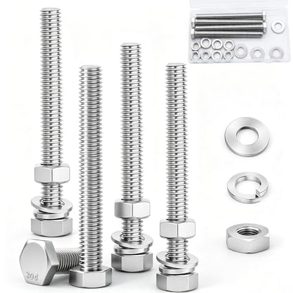 4 Sets 3/8-16 x 5 Stainless Steel Hex Head Screws Bolts, Nuts, Flat & Lock Washers,18-8(304) Full Thread - color: Silver-hex, size: 3/8-16×5"(4 sets)