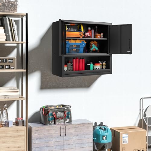 Garage Wall Cabinet with 2 Locking Doors and Shelf Metal Storage Cabinet - color: Black, style: 2 doors wall cabinet