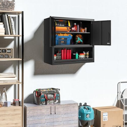 Garage Wall Cabinet with 2 Locking Doors and Shelf Metal Storage Cabinet - color: Black, style: 2 doors wall cabinet