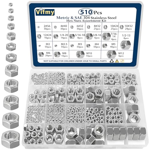 SAE & Metric Hex Nut Assortment Kit 510Pcs Stainless Steel - size: SAE&Metric-510
