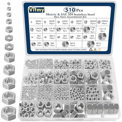 SAE & Metric Hex Nut Assortment Kit 510Pcs Stainless Steel - size: SAE&Metric-510