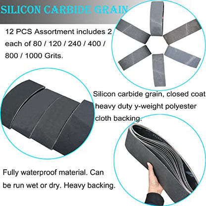 12 PCS 4 x 36 Inch Silicon Carbide Sanding Belts Assortment- 80, 120, 240, 400, 800, 1000 Grits Premium Sander Belts For Knife Sharpening and Metalworking - size: 4 x 36