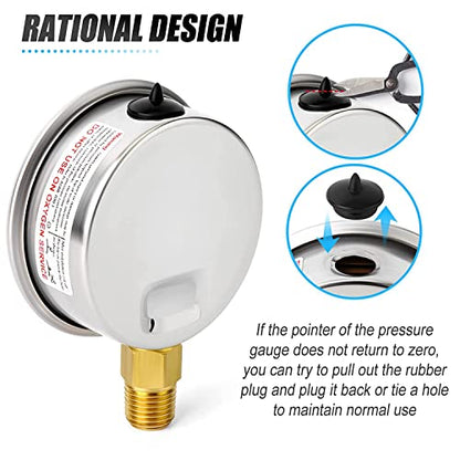 MEANLIN MEASURE 0~160Psi Stainless Steel 1/4" NPT 2.5" FACE DIAL Liquid Filled Pressure Gauge WOG Water Oil Air Lower Mount (Pack of 2), with 1/2" NPT and 3/8" NPT Hex Bushing - size: 0-160Psi (2Pcs)