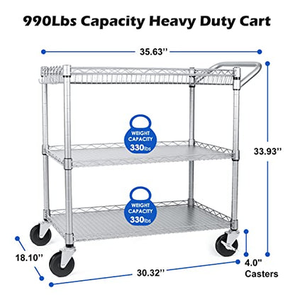 WDT 990Lbs Capacity Heavy Duty Rolling Utility Cart, NSF Rolling Carts with Wheels,Commercial Grade Metal Cart with Handle Bar & Shelf Liner,Trolley Serving Cart for Restaurant,Kitchen,Gray - color: Gray-3 Tier
