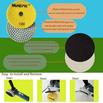 4 Inch Diamond Polishing Pads Marble polishing kit 50-3000 Wet/Dry Set 12 Pieces for Drill Grinder Polisher for Concrete Marble Quartz Stone Countertop Granite polishing refurbishment