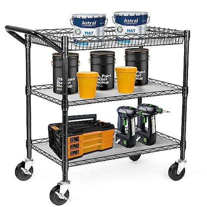 WDT 990Lbs Capacity Heavy Duty Rolling Utility Cart, NSF Rolling Carts with Wheels,Commercial Grade Metal Cart with Handle Bar & Shelf Liner,Trolley Serving Cart for Restaurant,Kitchen,Black - color: Black-3 Tier