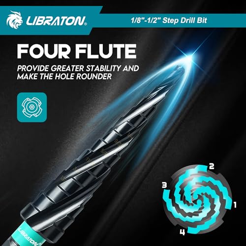 LIBRATON Four Spiral Flute Step Drill Bit Set 1/8"-1/2", M35 Step Bits - style: 1/8'' - 1/2''