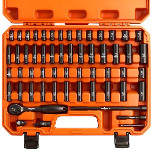 HORUSDY 56-Piece 1/4" Drive Impact Socket Set, Standard SAE (5/32 to 9/16 inch) and Metric (4-15mm) Size, 6 Point, Cr-V, 1/4-Inch Drive Ratchet Wrench, Drive Extension Bar, Impact Universal Joint - color: 56 Pcs 1/4" Orange
