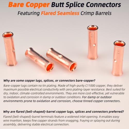 SVAAR 24-18 Gauge Flared Barrel Butt Splice Connectors Kit 100PCS 24-18 AWG Non-Insulated Butt Connectors Bare Copper Flared Compression Butt Splices Crimp Butt Terminals+100PCS 3:1 Heat Shrinks - color: Bare Copper
