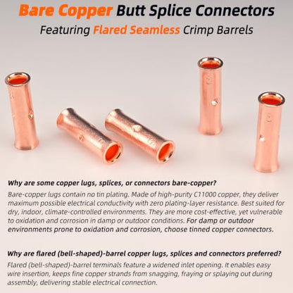 SVAAR 24-18 Gauge Flared Barrel Butt Splice Connectors Kit 100PCS 24-18 AWG Non-Insulated Butt Connectors Bare Copper Flared Compression Butt Splices Crimp Butt Terminals+100PCS 3:1 Heat Shrinks - color: Bare Copper