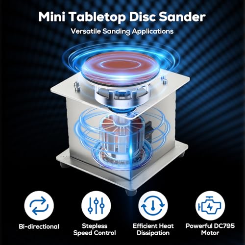 Mini Tabletop Disc Sander, 4” Electric Bench Sanding Machine with 20 Sandpapers, Stepless Speed Control 0-6000 RPM, Forward/Reverse Switch, DIY Woodworking & Craft Tool