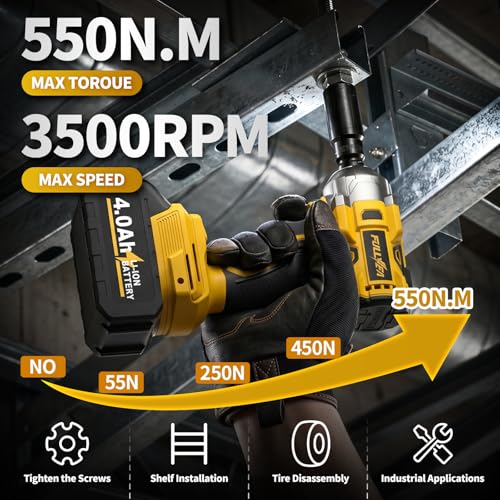 FULLYEA Cordless Impact Wrench 1/2, Max 550N. M/406Ft-lbs High Torque Brushless Impact Wrench, Power Impact Gun Kit with 21V 4.0Ah Battery & Fast Charger, Electric Impact Driver for Truck RV Home Car