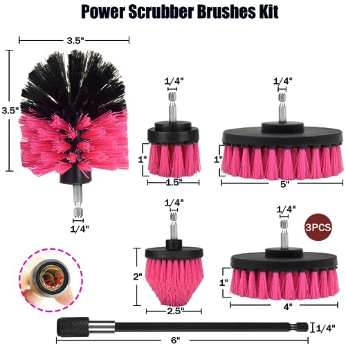 8 Pack Drill Brush Attachment Set, 1/4in Power Scrubber Brush + Extend Long Rod, Multi-Purpose Power Cleaning Scrub Brush for Bathroom, Tub, Tile, Corner, Floor(Hot Pink) - color: Hot Pink