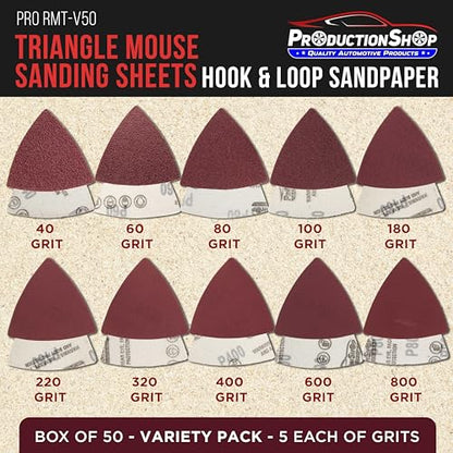 ProductionShop Premium Triangle Mouse Detail Sander Sandpaper Sheets, 50 Disc Variety Pack, Grits 40, 80, 100, 120, 180, 220, 320, 400, 600, 800 - Hook & Loop Disc Pads - Woodworking Furniture, Paint - style: Variety Pack 50