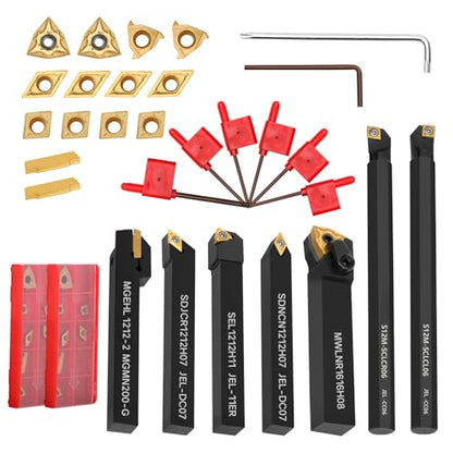 Indexable Lathe Turning Tool 21Pcs Kit 1/2'' 12mm Shank 7Pcs Carbide Turning Tool Holders with 14Pcs Tin Coated Turning Inserts Metal Lathe Tool Holder Set for Turning Grooving Threading Boring - style: Black 7pcs 1/2'' 12mm Shanks+14pcs Inserts