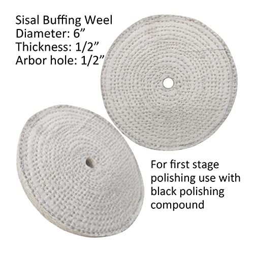 PURUI 6PC 6 Inch Stainless Steel Polishing Buffing Wheel Kit for Bench Grinder,kit with Each 1PC 1/2 Inch Arbor Hole Sisal/Denim/Cotton Wheel and Each 1PC 100g Bar Black/Green/White Polishing Compound