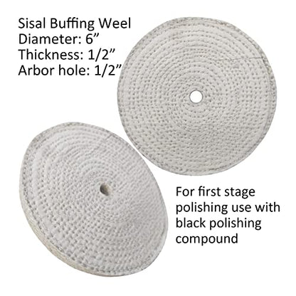 PURUI 6PC 6 Inch Stainless Steel Polishing Buffing Wheel Kit for Bench Grinder,kit with Each 1PC 1/2 Inch Arbor Hole Sisal/Denim/Cotton Wheel and Each 1PC 100g Bar Black/Green/White Polishing Compound