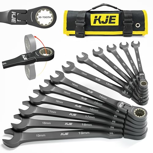 KJE 90-Teeth Metric 180° Flex-Head Ratcheting Wrench Set, Cr-V Steel, 12-Piece Metric 8-19mm Combination Wrenches set, Nickel Plating, with Organizer Bag, for Auto, Machine Repair, Gift - size: 12PCS Metric 8 - 19 mm