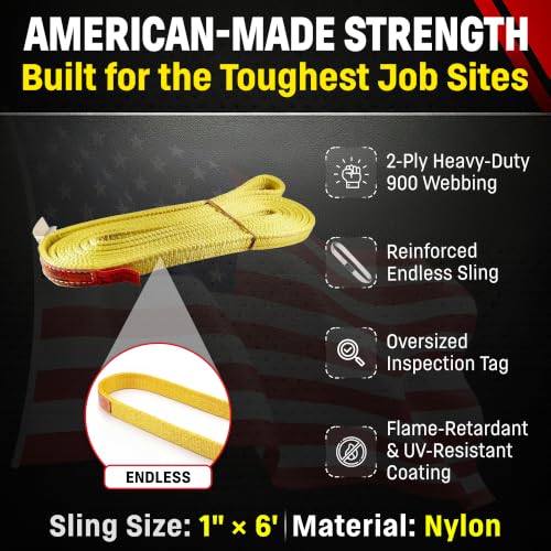 DD Sling (USA Made) 1" & 2" Widths by 4' to 12' Lengths In Listing, 2 Ply, Endless Nylon Lifting Slings, 900 webbing,, 6,400 lbs Vertical, 5,100 lbs Choker, 12,800 lbs Basket (USA Made Nylon) (1"x6') - size: 1"x6'
