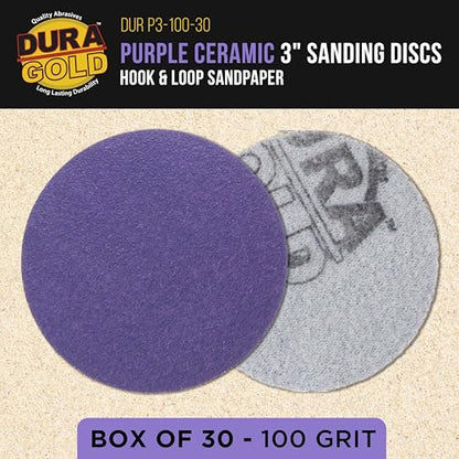 Dura-Gold Premium 100 Grit 3" Purple Film Ceramic Sanding Discs, Box of 30 - style: 100 Grit