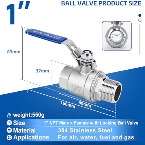 2 Pack 1" Full Port Ball Valve NPT Male x Female 304 Stainless Steel Heavy Duty 1000 WOG Shut Off Valve with Locking Device (1 Inch) - size: 1 Inch