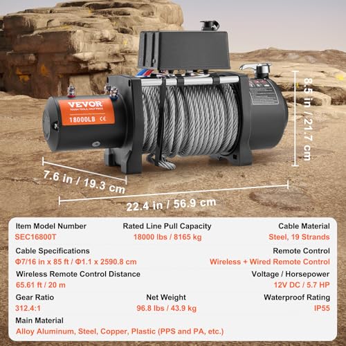 VEVOR Electric Winch, 18,000 lb Truck Trailer Jeep Winch, 12V DC 7/16 in x 85 ft Steel Cable Roller Fairlead Wireless & Wired Remote Control, IP55 Waterproof Towing for Off Road SUV Jeep Truck Trailer - size: 18000 lbs