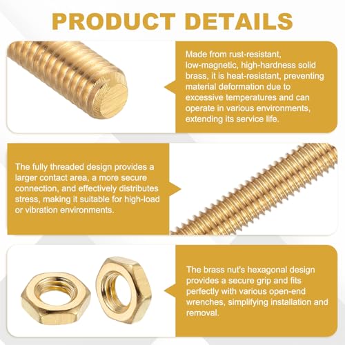 uxcell Brass Fully Threaded Rod, M4x0.7mm Pitch Right Hand Threads Studs with Solid Brass Hex Nuts, 150mm/6 Long Threaded Screw Rods Fasteners for Anchors Bolts Hangers Clamps - size: M4x0.7mmmm150mm