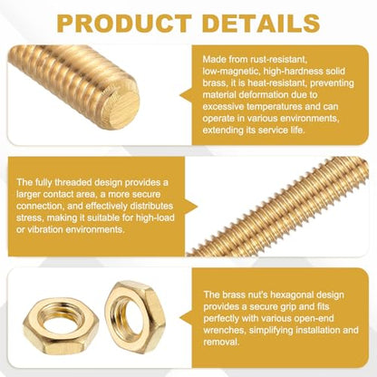 uxcell Brass Fully Threaded Rod, M4x0.7mm Pitch Right Hand Threads Studs with Solid Brass Hex Nuts, 150mm/6 Long Threaded Screw Rods Fasteners for Anchors Bolts Hangers Clamps - size: M4x0.7mmmm150mm