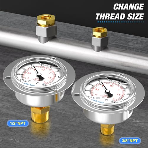 MEANLIN MEASURE -30inHG~30Psi Liquid Filled Pressure Gauge Front Flange Panel Mount, 1/4" NPT 2.5" FACE DIAL Stainless Steel Case with Phillips Screw, Nut and Brass Hex Bushing, +/-3-2-3% - style: ~30~30Psi