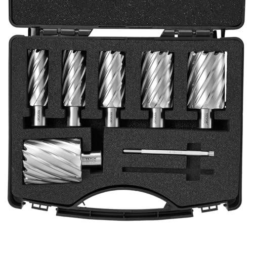 VEVOR Annular Cutter Set, 6 pcs Weldon Shank Mag Drill Bits, 2" Cutting Depth, 1" to 2" Cutting Diameter, M2AL High-Speed Steel, with 2 Pilot Pins and Portable Case, for Using with Magnetic Drills - size: 1" - 2" * 2"