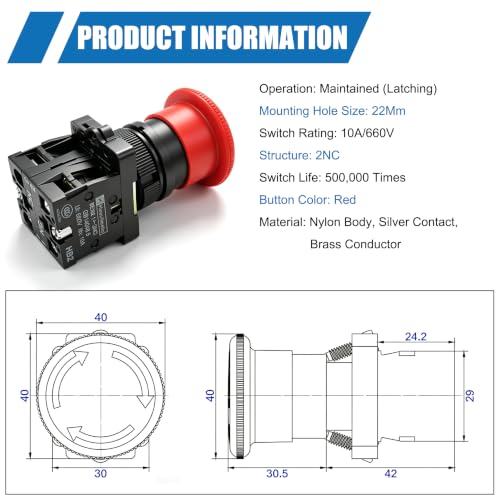 mxuteuk 10PCS 22mm 2 NC Red Mushroom Emergency Stop Push Button Switch AC 660V 10A,HB2-ES544 - color: Red/HB2-ES545-10PCS, size: 2NC
