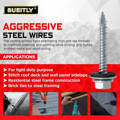 #10 x 1 Metal Roofing Screws with EPDM Washer, Hex Head Self Drilling Roof Screws, Zinc Plated, 150 Pack - size: #10 x 1"