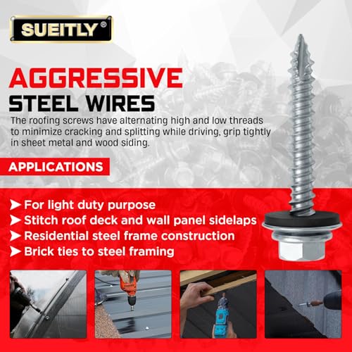 #10 x 1-1/2" Metal Roofing Screws with EPDM Washer, Hex Head Self Drilling Roof Screws, Zinc Plated, 150 Pack - size: #10 x 1-1/2"