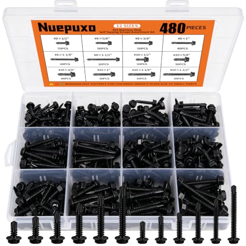 480PCS Hex Washer Head Self Drilling Screws (Black) - color: Black
