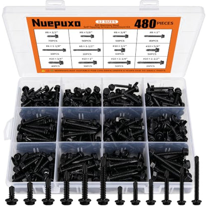 480PCS Hex Washer Head Self Drilling Screws (Black) - color: Black