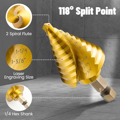 5PCS Spiral Flute Titanium HSS Step Drill Bit Set for Metal Unibit - size: Spiral 5PCS Set