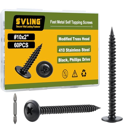 #10×2" Wood Screws Phillips Modified Truss Head Quick Metal,60Pcs Self Tapping Screws Stainless Steel 410,Black Zinc Plated with Driver Bit - color: Black Self Tapping, size: 10x2"