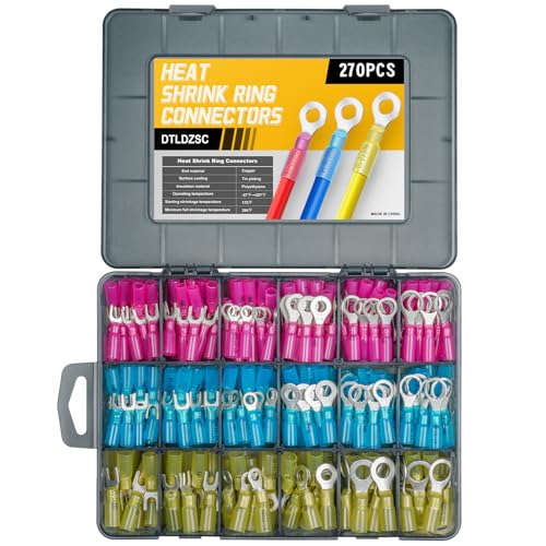 270PCS Marine Grade Heat Shrink Wire Connectors-Electrical Connectors Kit of Tinned Red Copper,Crimp Insulated Ring Fork Spade Butt Splice AWG22-16 16-14 12-10 Gauge (270Pcs Kit, AWG 22-10) - size: AWG 22-10, style: 270Pcs Kit