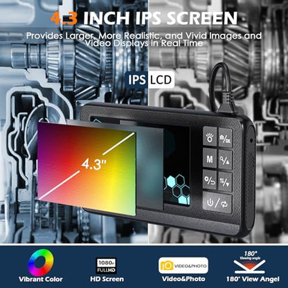 Dual Lens Endoscope Camera with Light, 1920P HD Borescope with 4.3" IPS Screen, IP67 Waterproof Inspection Camera with 8 Adjustable LEDs, 16.5ft Semi-Rigid Cable, 32GB Card-Black
