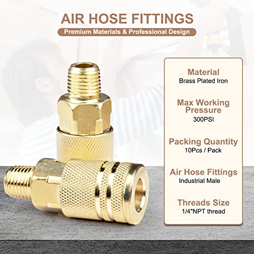 10 Pieces Male Air Coupler Set, 1/4-Inch NPT Thread Quick Connect, Industrial M Style Air Coupler with Brass Finish for Quickly and Safely Disconnect Air Hose
