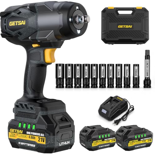 1/2 Impact Gun, 1400N.m (1032Ft-lbs) Super High Torque Impact Wrench with 2 x 4.0Ah Batteries, 21V Cordless Brushless Power Pistola Llave De Impacto with 10 Sockets for Car/Pickup Truck/Mower