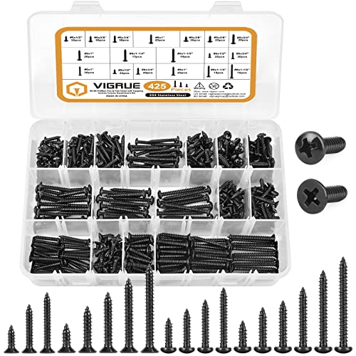 VIGRUE 425PCS #6#8 Black Wood Screw Set, Black Oxide 304 Stainless Steel Phillips Pan and Flat Head Self Tapping Screws Assortment Kit, Length 1/2" to 1-1/2" - size: 425PCS #6#8 Black Wood Screws