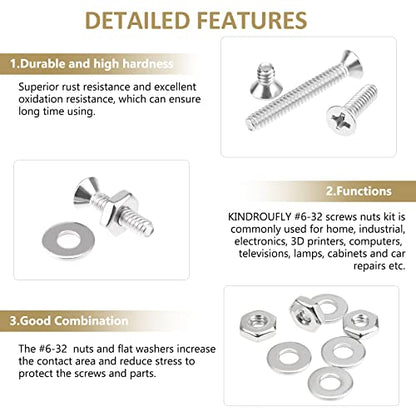 242 Pieces #6-32x 1/4", 5/16", 3/8", 1/2", 5/8", 3/4", 1", 1-1/4", Phillips Countersunk Head Machine Screws Nuts Washers Assortment Kit, 304 Stainless Steel, Fully Machine Thread - size: #6-32