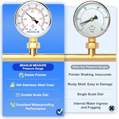 MEANLIN MEASURE -30inHG~30Psi Vacuum Gauge Stainless Steel 1/4" NPT 2" FACE DIAL Waterproof for Air Compressor HVAC Negative Pressure Hand Pump Pool Lower Mount, with 1/2" NPT and 3/8" NPT Hex Bushing - size: -15-30Psi