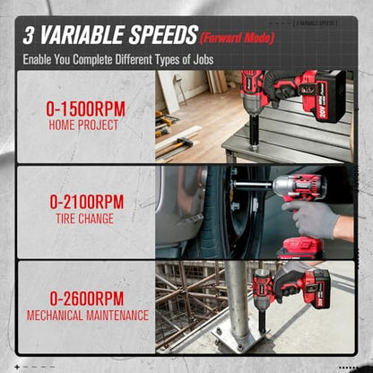 AVID POWER 1/2" Cordless Impact Wrench, 20V Brushless Impact Gun, 3 Speeds - color: Light Red