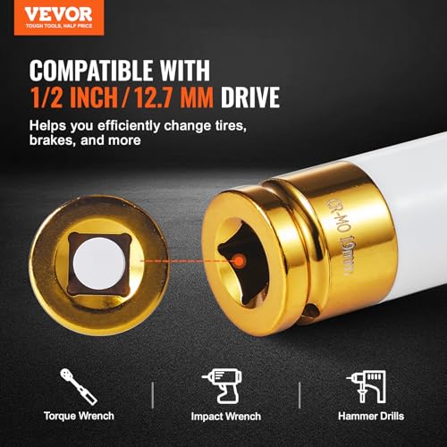 VEVOR 9-Piece Lug Nut Impact Socket Set 1/2 Inch Drive, Metric and SAE, 6-Point, CR-MO, Deep Wheel Protector Impact Socket Set With Storage Case and Extension Bar for Auto Repair - size: 1/2" 9PCS