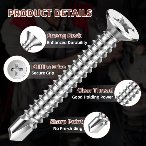 Mellewell #10 x 1/2" Flat Head Sheet Metal Screws, 100 PCS - color: Silver, size: #10 x 1/2"