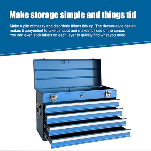 Heavy Duty Metal Tool Box, 21-inch, Portable Metal Tool Box with 4 Drawers, Small Tool Chest with EVA Liners, Ball Bearing Slide Drawers Locking & Powder Coated Finish, Multi-Function Tool Organizer - color: Tool Box-blue
